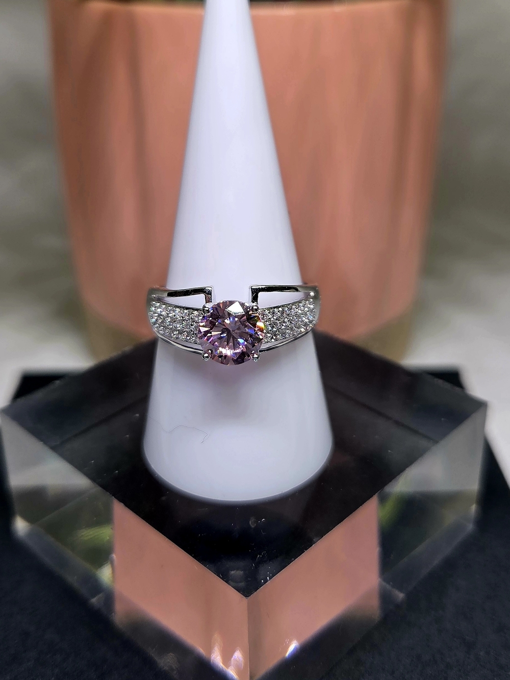 Elegant Silver Ring with Pink Moissanite Center Stone